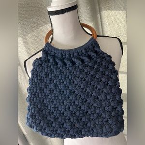 Vintage Macramé Navy purse with brown wood like handles.